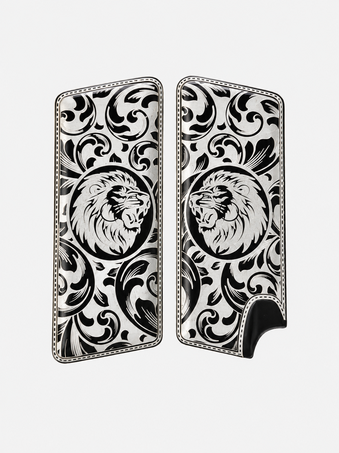 hand_grip8 Silver & Black Lion Engraved Decorative Grip .30 Pistol - Image 1